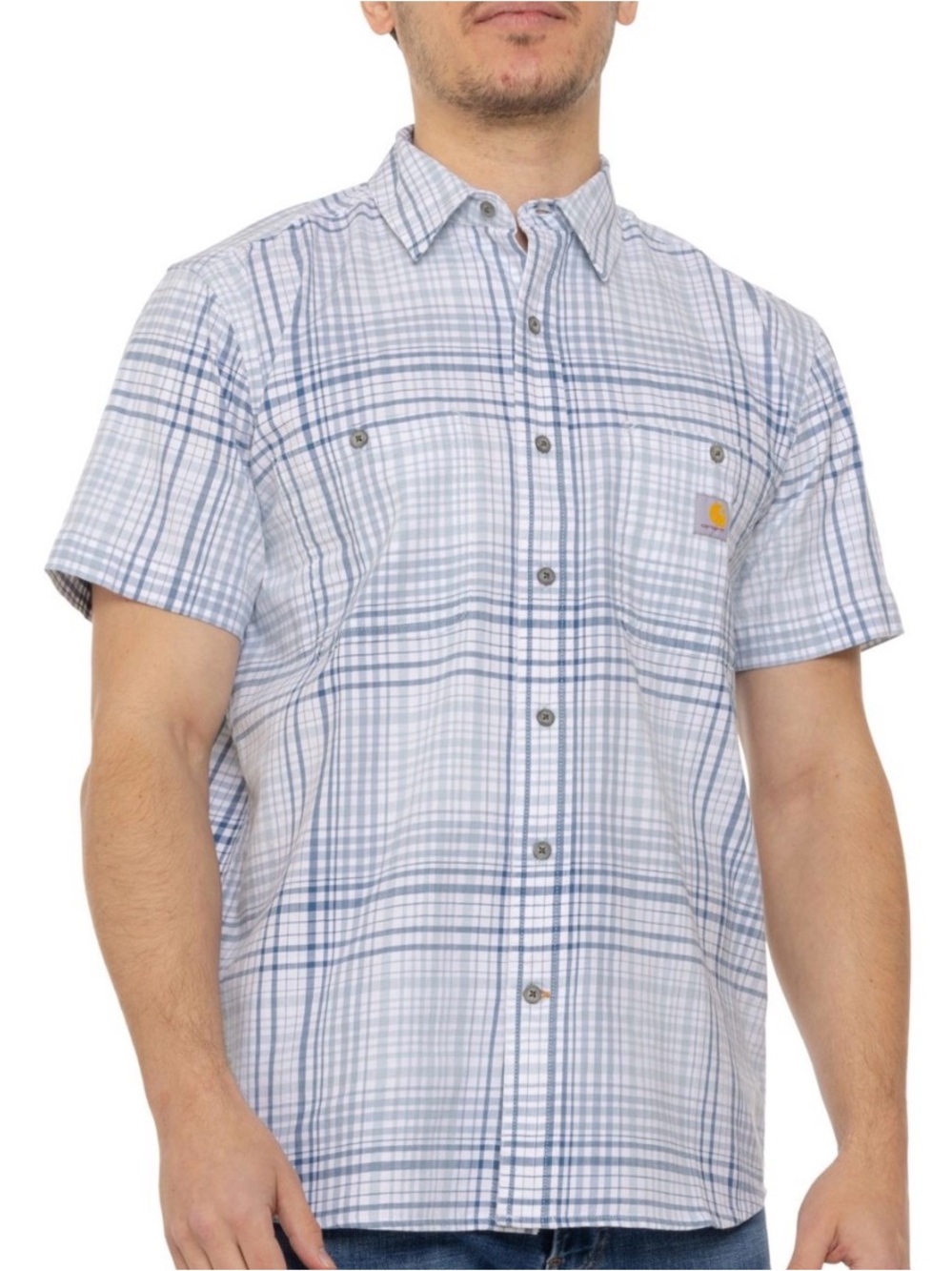 Carhartt Light Blue and Navy Plaid Short-Sleeve Button-Down Shirt